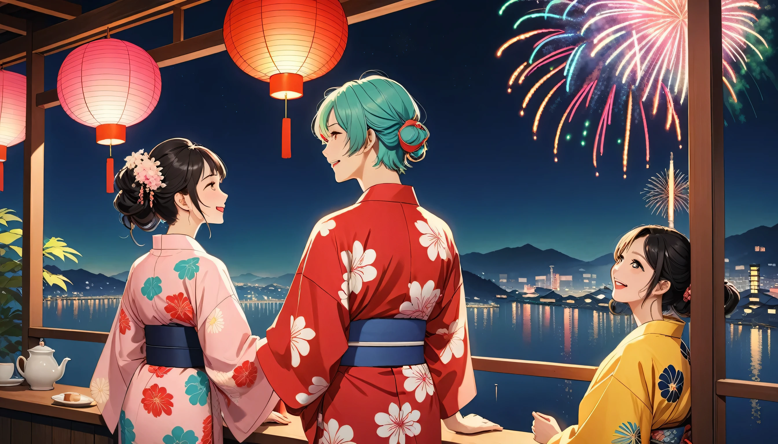 Cafe、Lovers of men and women、seems to be happy,smile、Fireworks display、 Multicolored Hair, 、Retro costumes, yukata, Glancing sideways, Hyper Pop, stylish、 Retro feel, overview, masterpiece, Highest quality,
