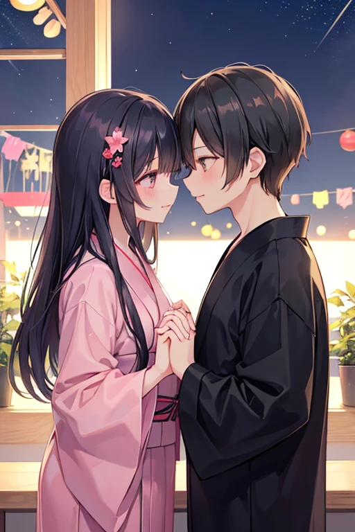 浴衣を着た大人のmalefemaleのカップル,laughing,Gazing at each other,Kissing together,romantic,美しい場所で愛し合う会うmalefemaleの二人,Tanabata,Black Hair_male,Black yukata_male,Straight Hair_male,Dark Chestnut Hair_female,Pale pink yukata_female,Floral Yukata_female,Flower Hair Ornaments_female,Beautiful views,Two people holding hands,night,Lovers melt in bed