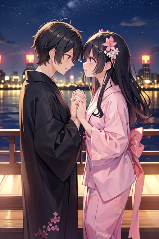 浴衣を着た大人のmalefemaleのカップル,laughing,Gazing at each other,Kissing together,romantic,美しい場所で愛し合う会うmalefemaleの二人,Tanabata,Black Hair_male,Black yukata_male,Straight Hair_male,Dark Chestnut Hair_female,Pale pink yukata_female,Floral Yukata_female,Flower Hair Ornaments_female,Beautiful views,Two people holding hands,night,Lovers melt in bed