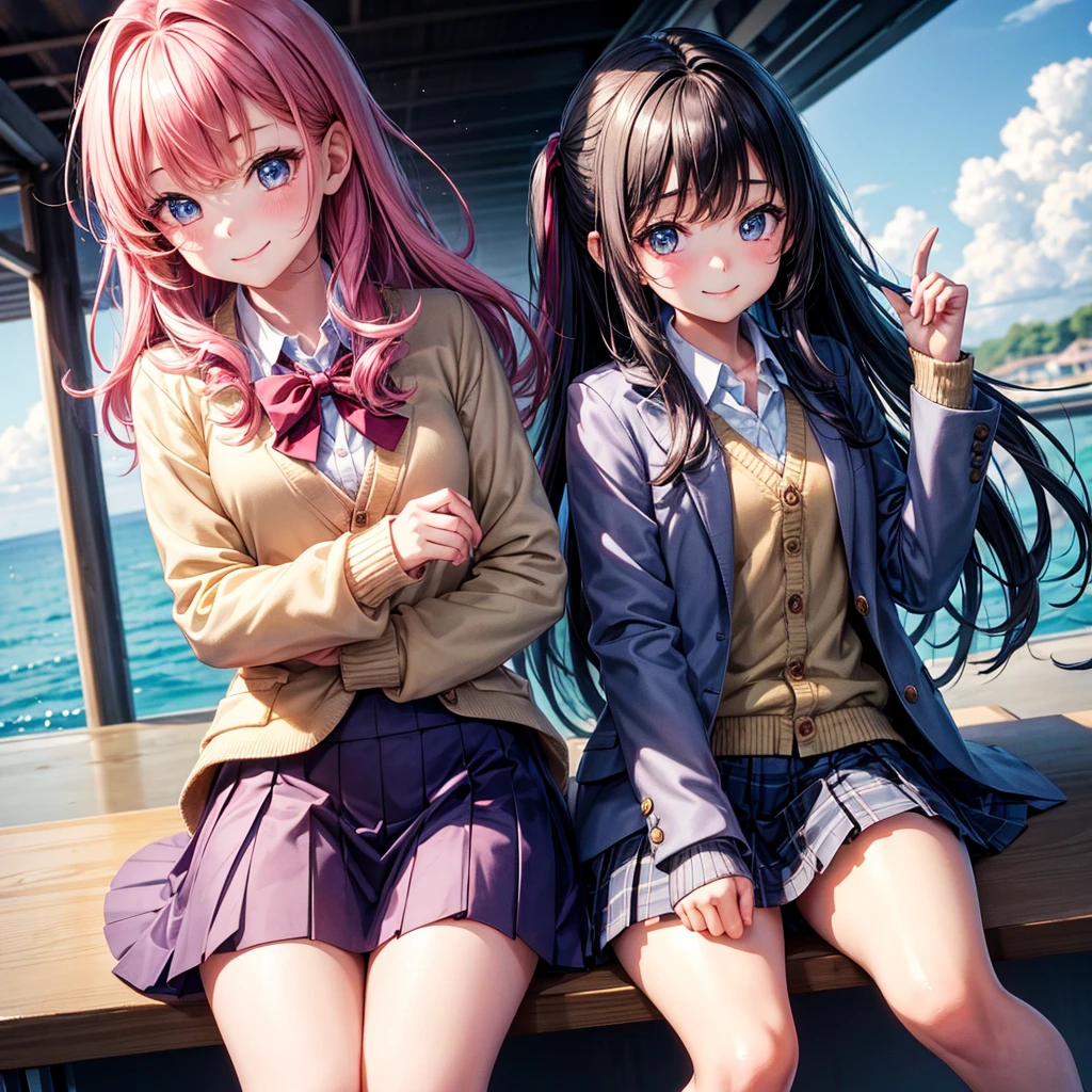 (highest quality:1.4)、ultra high resolution、detailed background、masterpiece、anatomically correct、detailed face、(Detailed beautiful face:1.3)、cute 20's beauty、brown hair or cute colored hair、(huge breasts:1.2)、realistic、perfect body line、attractive woman、full body shot、cowboy shot、
(Two women having fun with happy expressions:1.5)、
Look at me with a happy expression、smile、A big smile、cute、The gesture of fixing hair that has been disturbed by the wind、cute gesture、
Mode-casual shorts with tight silhouettes and shorts with rounded silhouettes that give a bright impression are popular.、Pay attention to the base and color、
Trends include step-cut one-length bob and wolf cuts.、
The trend for soft, high-layered long hairstyles and hairstyles that surround the face continues、
Pair it with a striped shirt, white bag and shoes for a spring look.、
We recommend knits and cardigans with compact silhouettes.、
Try wearing a sweatshirt or hoodie for a casual look.、
Try choosing a cut-and-sew or pullover.、
Try wearing the vest in a layered style.、
Try choosing a mini skirt or flared skirt、
Complete your outfit with just one dress、
Try wearing this jacket casually and layering it for a fun look.、
Large ribbons that add elegance are in season.、
Especially dark colored ribbons are perfect for adult women.、
Chiffon and chic color ribbon barrette、
Cherry blossom festivals are held in various regions across Japan.、Especially Hirosaki Park in Aomori Prefecture and Philosopher's Path in Kyoto.、Fukuoka Castle in Fukuoka is famous.、
cute