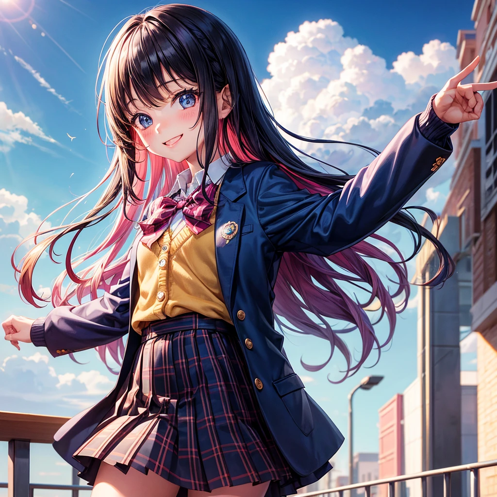Girl,Elementary school girl,5Year old girl,smile, girl,masterpiece,Absurd,Beautiful cutenesodel,Cute Girls,Long Hair,Sparkling eyeulticolored hair colors,uniform,blazer,cardigan,perfection,Angel,Best Quality,8K