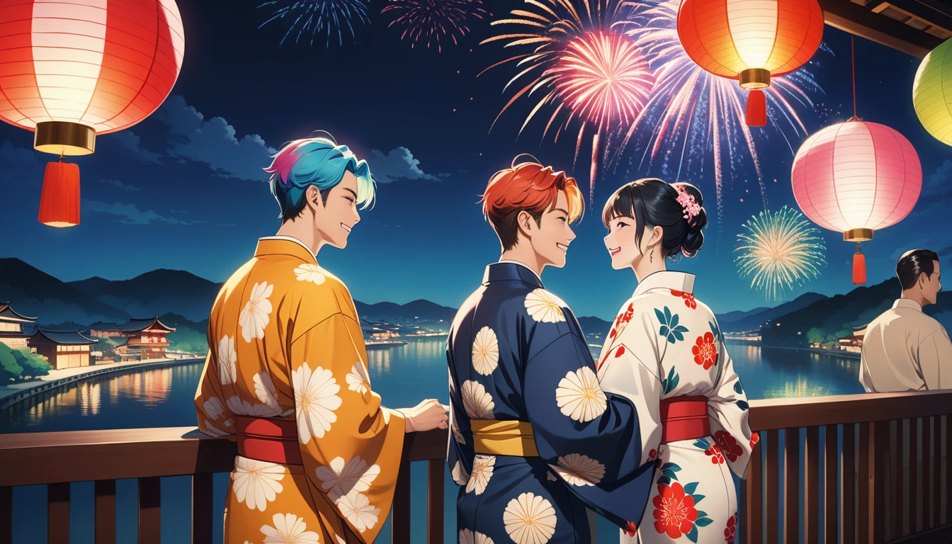 Cafe、Lovers of men and women、seems to be happy,smile、Fireworks display、 Multicolored Hair, 、Retro costumes, yukata, Glancing sideways, Hyper Pop, stylish、 Retro feel, overview, masterpiece, Highest quality,