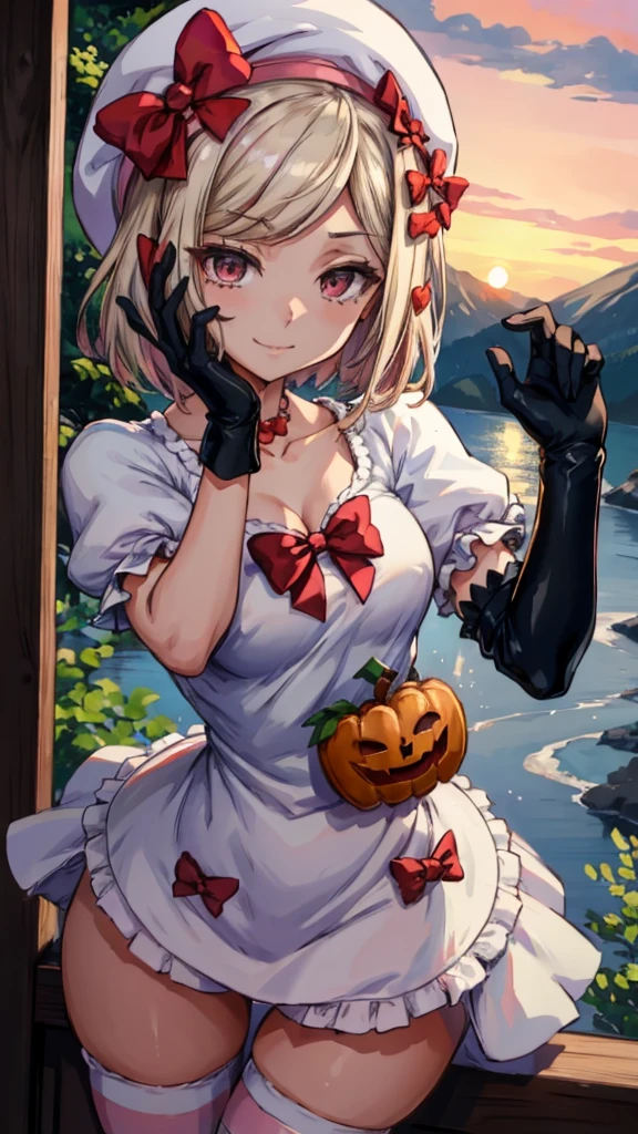 (masterpiece),(best quality), lambdadelta ,dress, striped stockings, red bow, pink hat, necklace, gloves, pearl, pumpkin brooch, crazy face, upper body, persistent stare, mountains, forest, looking at the viewer, red sky, yandere trance, yandere, hands on own face,hands on own cheeks, blank eyes, blush, large smile, yandere smile, nude , naked tits, natural small breast