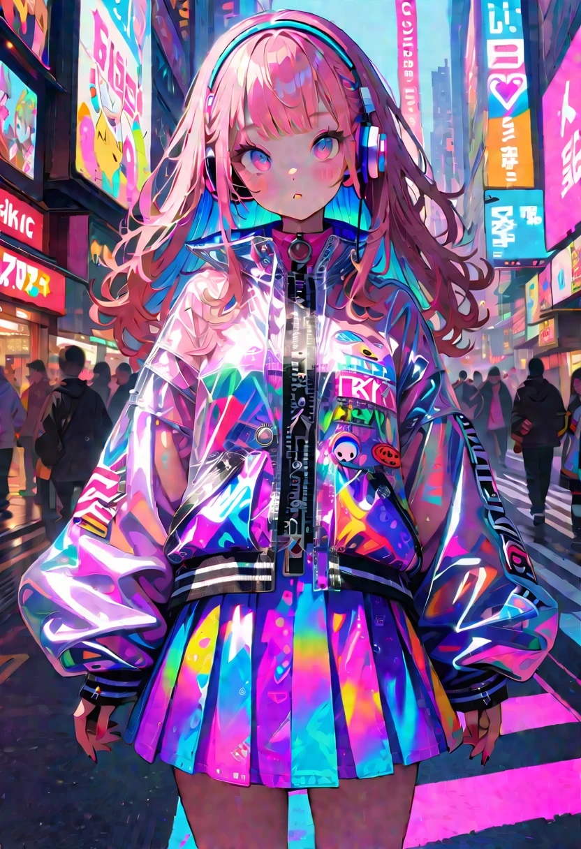  Pixiv, hyper detailed, harajuku fasion, futuristic fashion, anime girl, headphone, colorful reflective fabric inner, transparent PVC jacket, in tokyo city center