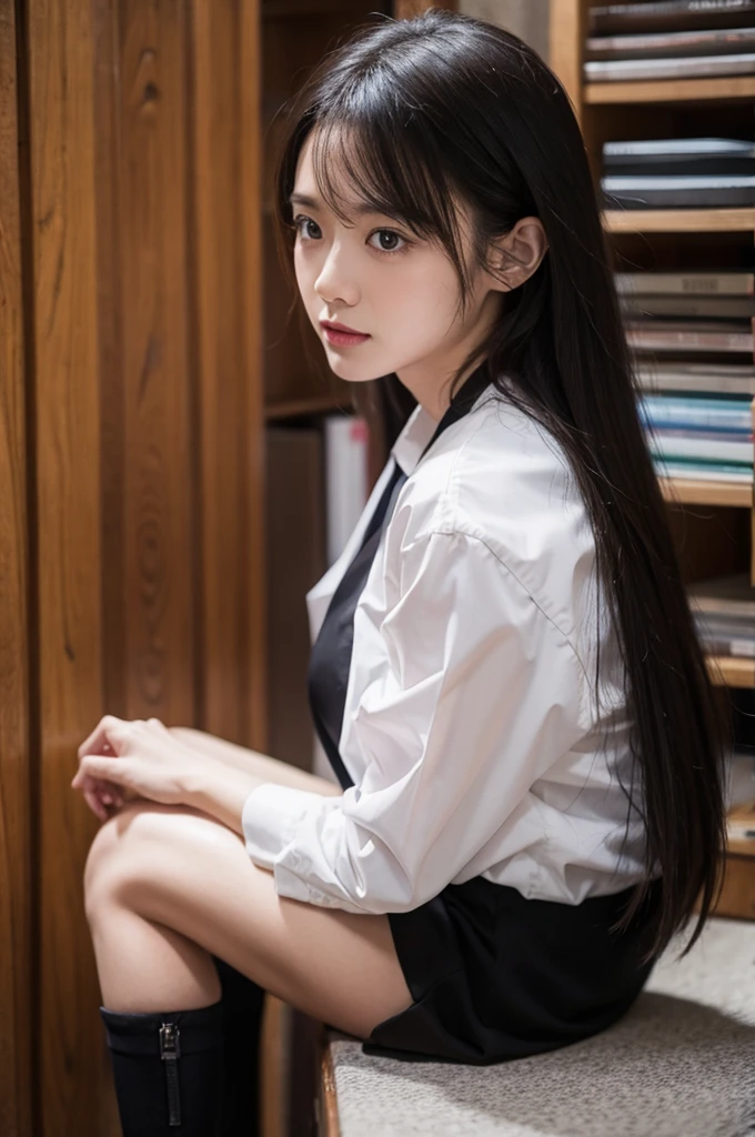 8K, RAW photos, Best quality, Masterpiece: 1.2),(best qualtiy，8K, Yes，32K，masterpiece，hyper HD：1.2) , 20 years old, there is a woman sitting on the floor in a short skirt, a hyperrealistic schoolgirl, hyperrealistic schoolgirl, realistic schoolgirl, japanese girl school uniform, wearing japanese school uniform, korean girl, wearing school uniform, jk uniform, japanese school uniform, school girl, seifuku, sakimichan, cute schoolgirl, wearing a school uniform, wearing glasses, perfect boobs, sexy pose