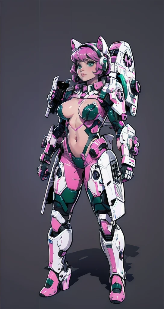 complete body shot,retro futuristic flat background,masterpiece, best quality, 1girl, solo, retro futuristic cyborgwoman, seamlessly blending mechanics and elegance. fit, small breasts, blueish skin, with magenta hair, fashion modeling pose, form fitting pastel green and pink with black colorblocking gundam suit-like-armor,kitty_ear headpiece, happy, wild punky hair, humanoid face with bigger eyes and some cyberparts holding a retro futuristoc space-gun, plain background, dark colors, Anime, Cartoon, Comic Book, Concept Art