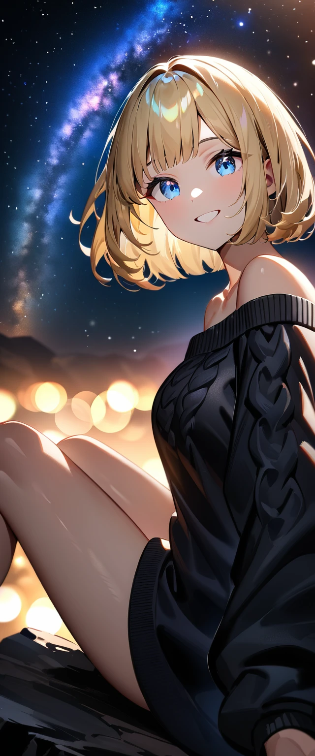 ((reaching)), (((focus on face))), ((extreme close up face)), (((a beautiful starry sky, the Milky Way shining beautifully in the night))), ((off-shoulder sweater:1.3, Quite thick shoulder straps)), ((black sweater)), ((Aran sweater)), ((((from side)))), ((sitting on the very high cliff)), wavy hair, inward curled hair, sea, ((blond hair, bob cut:1.3)), breasts, teenager, (looking at viewer), oversized clothes, puffy long sleeves, collarbone, head tilt:1.3, (((blue eyes))), happy smile, (((anime style))), (best quality, 4K, 8K, highres, masterpiece:1.2, ultra-detailed, ultra-detailed eyes, HDR, uhd, studio lighting, ultra-fine painting, sharp focus, physically-based rendering, extreme detail description, professional, vivid colors, bokeh)