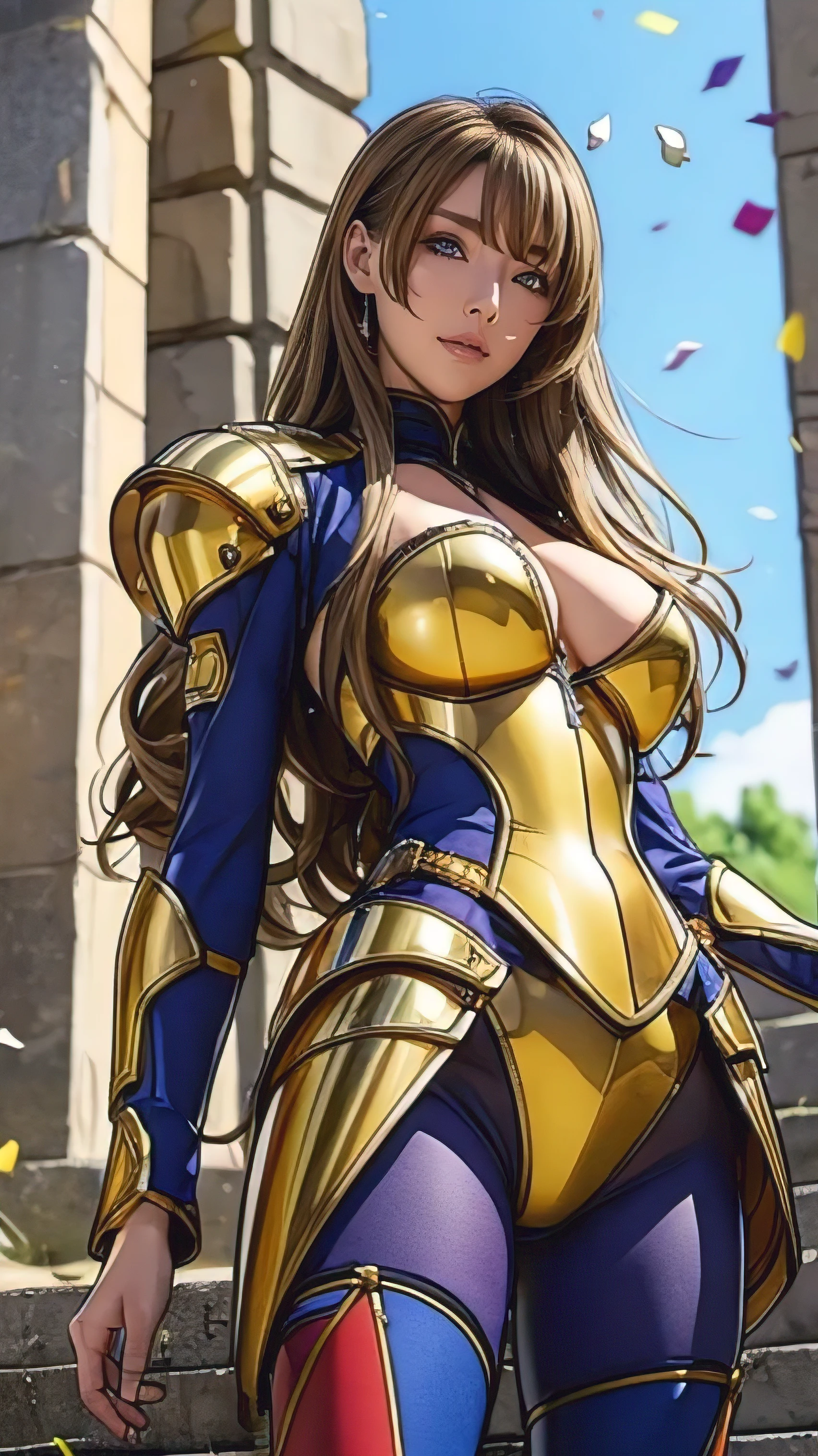 best quality, official art, masterpiece, textile shading, HDR, very detailed, colorful, best details, fantasy, battle suit, Yuki Mori:1.5, 1 female, 25 years old, gold hair, long hair, curly hair, best quality, official art, masterpiece, textile shading, HDR, very detailed, colorful, best details, fantasy, battle suit,1 female, 25 years old, standing on stairs, a castle town with an old castle view, sunny, random hair, big breast, skinny, Surrounded by a large crowd:1.9, Confetti flutters, Blessed, Being welcomed:1.5, cameltoe:1.3, ground level shot:,