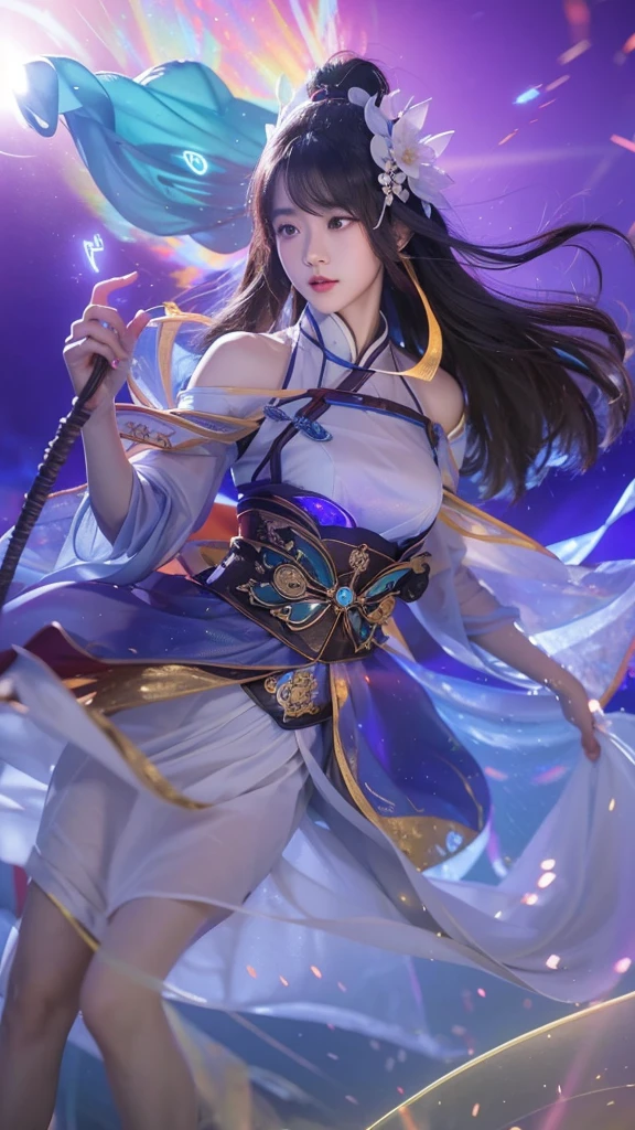 A handsome Chinese boy and girl competition, full body, combat posture, sharp eyes, clear facial features, wearing Hanfu, runes around, holographic reality, holographic halo, motion blur, game light effects, edge light, soft light, movie edge light, delicate light