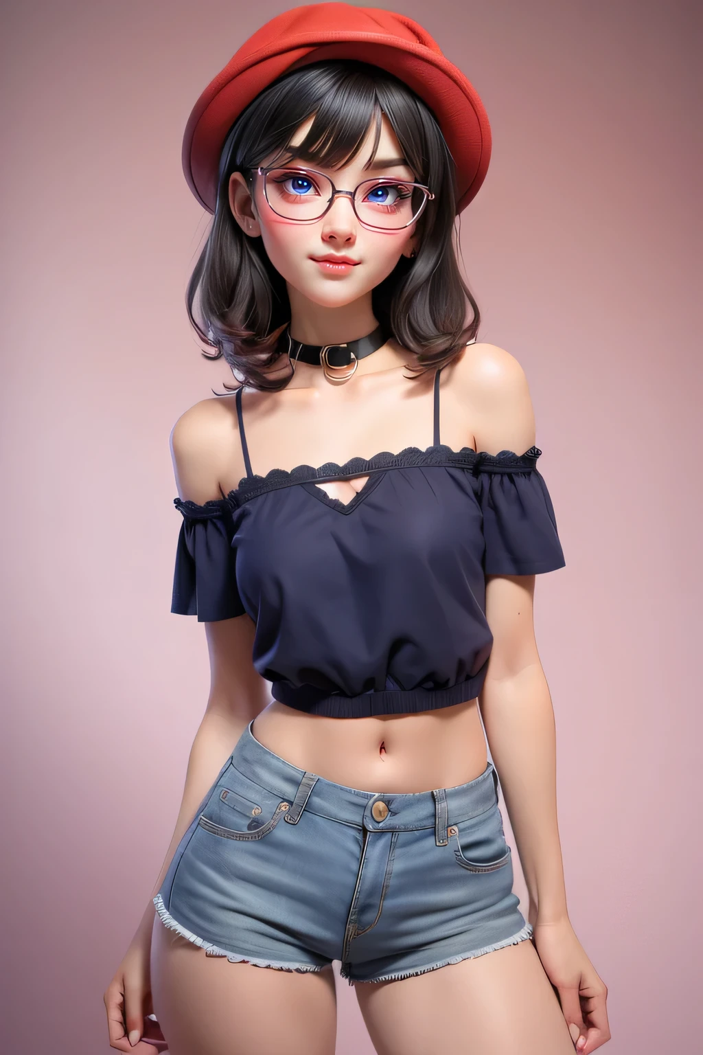 1 cute girl (18yo) glasses, upper body, slim waist, small breast, sexy pose, naugthy face, bangs, random hairstyle, cleavage, navel, collar, collarbone, off shoulder, seductive smile, wear intricately detail hot and sexy outfit, t-shirt and hot pants, wear cute hat, bright red color. flat gray color for background