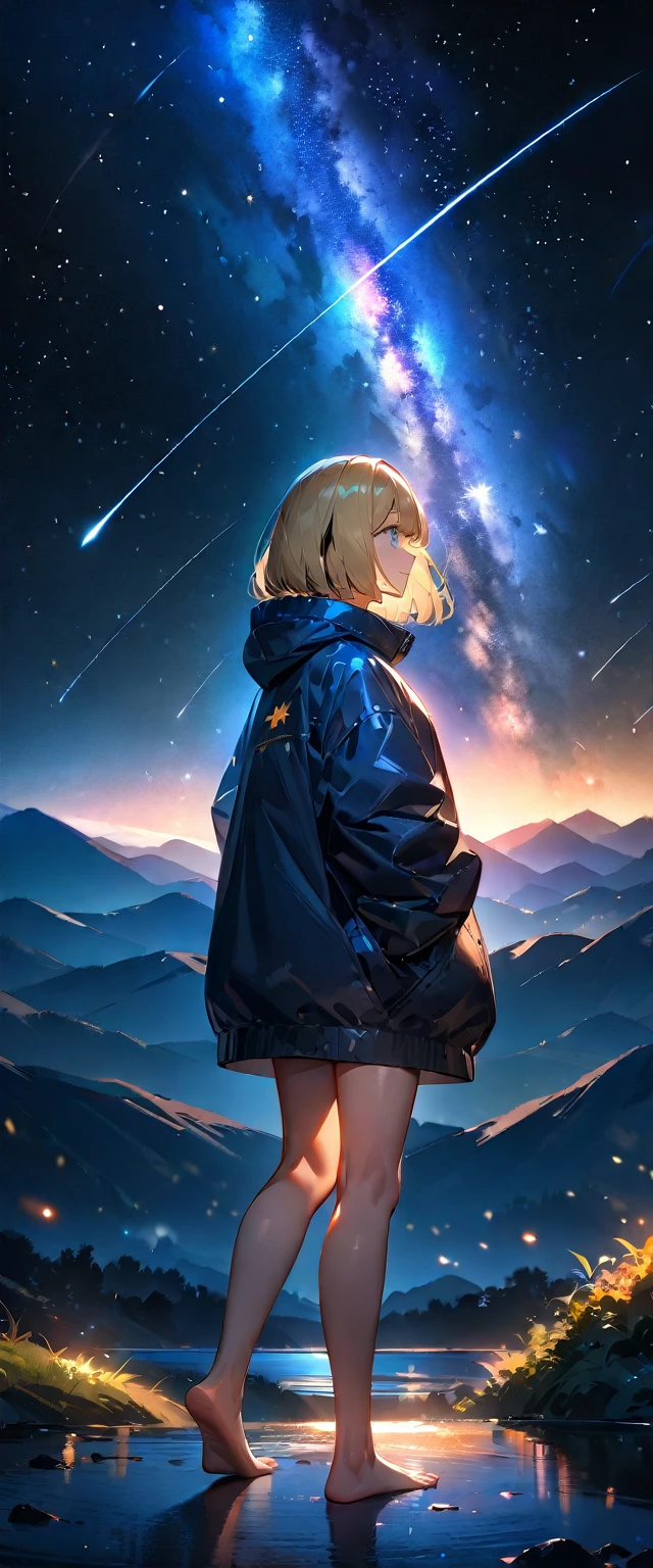 (((A meteor shower dancing in the night sky, countless stars twinkling in the clear air, a beautiful starry sky, the Milky Way shining beautifully in the night))), high collar, hands in pockets, looking up, mountain, wide shot, back shot, a girl, bob cut, bare legs, bare foot, blond hair, (best quality, 4K, 8K, highres, masterpiece:1.2, ultra-detailed, HDR, uhd, studio lighting, ultra-fine painting, sharp focus, physically-based rendering, extreme detail description, professional, vivid colors, bokeh)