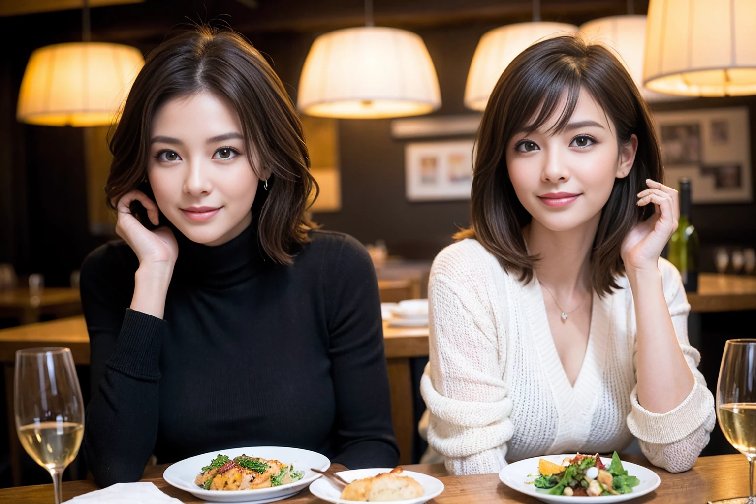 ((Highest quality、8K、masterpiece:1.3))、slimカップル、modelカップル、(Realistic, Intricate details:1.2), full-course dinner、Wine Party、Amazing view of the sunset sky and clouds、A bright smile、The wonderfulness of smile、Bright image、The beauty of wine, Beautiful Face, blue eyes, The light shines on your face, Blushing, short hair,Bright Face、 (Age 37), 39 years old, red wine 、Appetizers、Italian food、Wine bottle、Champagne、sparkling wine、Two beauties、Brown Hair、Shortcuts、Long sleeve shirt、dress、Beautiful woman 1, (slimな顔), (The body is slim), (Brown Hair), (Shortcuts), cheeks turn a little red,Attractive beauty、restaurant, In a prominent place (From the waist up) Nova Frog Style, actress, model, Upper Body, White wine, slim, wine glass, 中央に置かれたwine glass, smile, (smile: 1.15), Beautiful fine grain, Depth f/2,saturation, High Contrast, Strong light and shadow,Moist Body:1.5、3D texture、Delicate eyes、Brown Hair、The hair is very shiny、