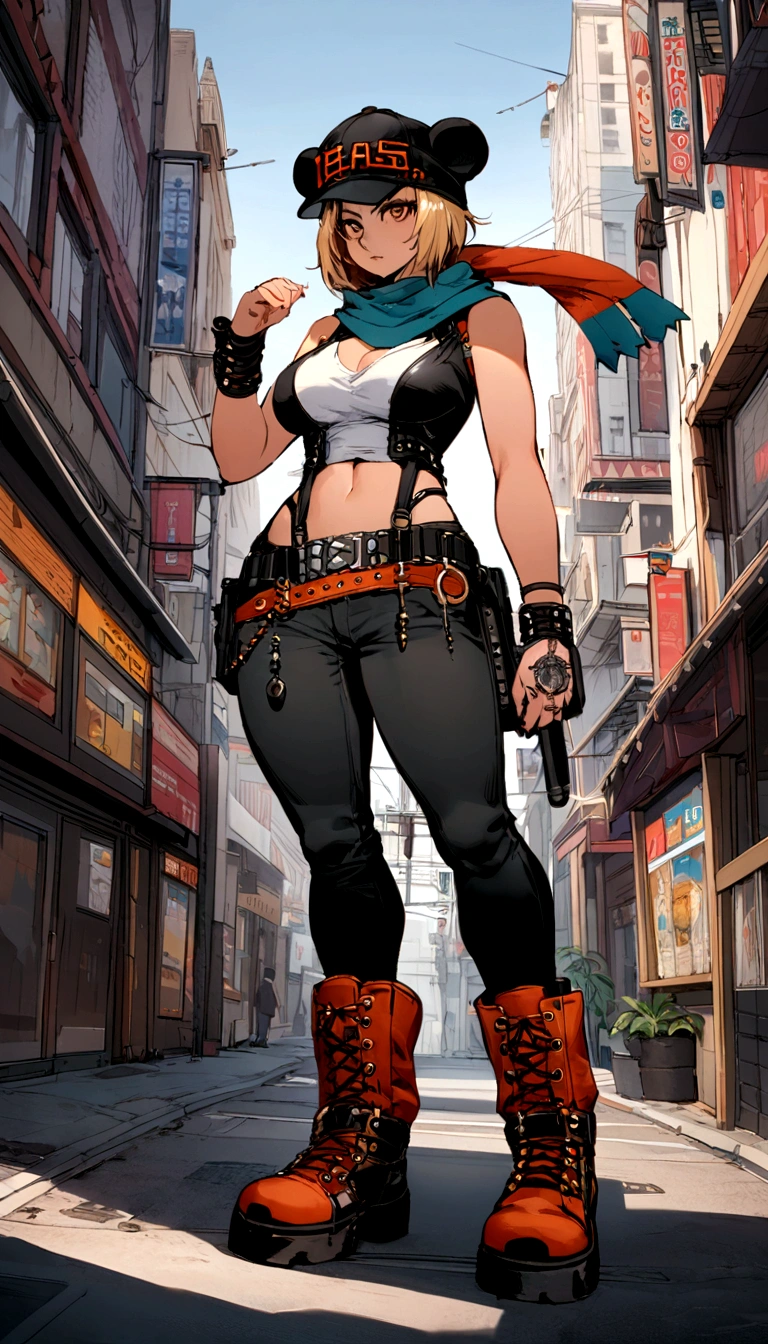 Image of a almost naked busty girl full body wearing a hat and scarf, both her hand,trends in art station,Wear punk clothes,Ultra-realistic photographic art,Urban style,intimidating pose,Planet of polar bears,fashionable attire,urbansamurai,Polar bears,Wear a work cap,Navigate the city