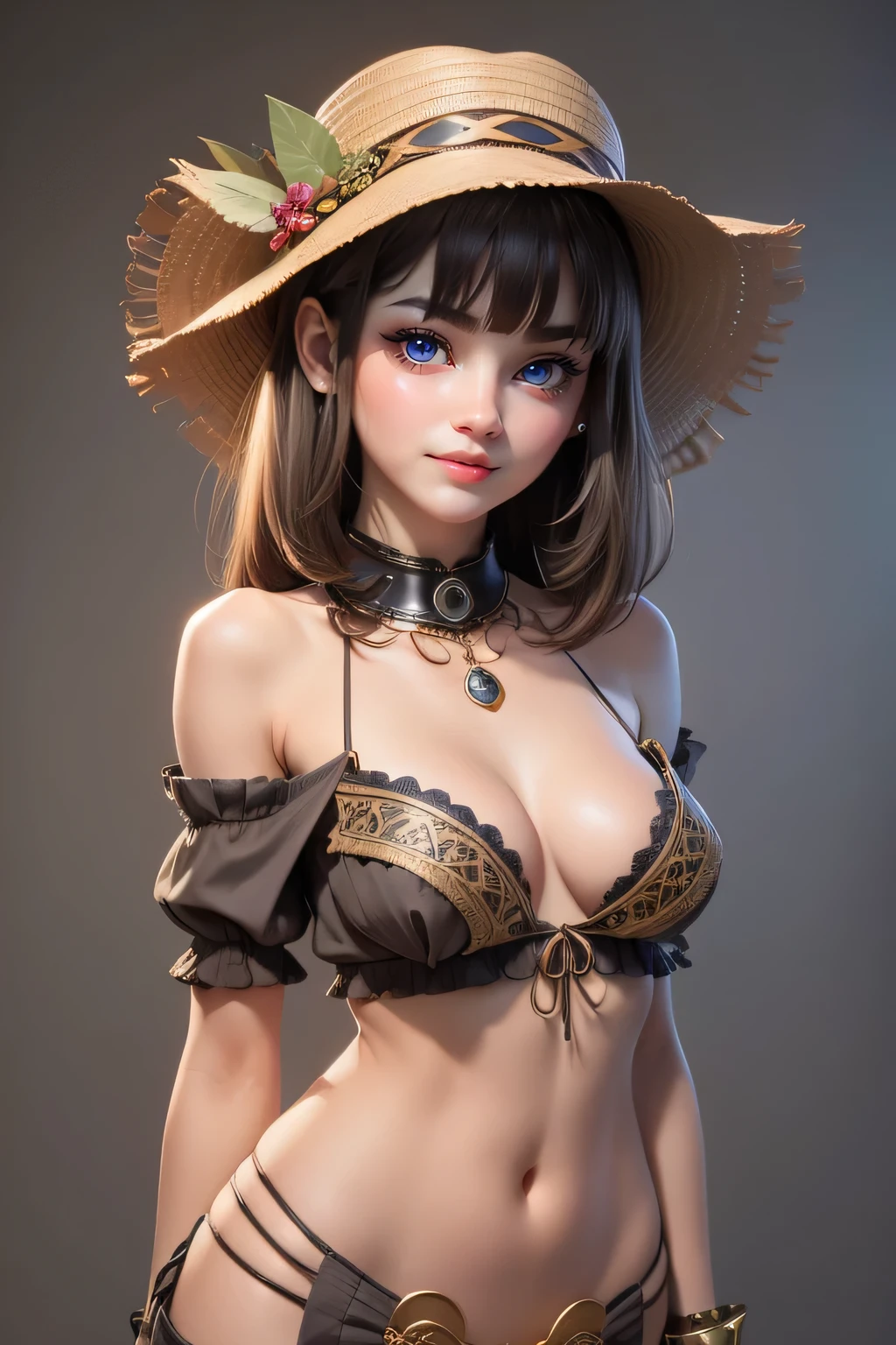 1 cute girl (18yo) , upper body, slim waist, small breast, sexy pose, naugthy face, bangs, random hairstyle, cleavage, navel, collar, collarbone, off shoulder, seductive smile, wear intricately detail hot and sexy outfit, tribe outfit, wear unique hat, light brown color, upper body. flat gray color for background