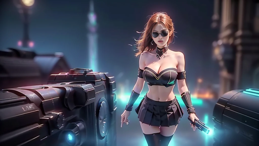 (aerial view). at night, futuristic sci-fi cyberpunk city, broad viaduct, skyscrapers at the end of the viaduct, the movie "13th Floor" style, (((((voltex-spirit-spreading giant clock tower as time machine))))), hq. Matrix style, at night, (1girl, solo), photo realistic, (large-breast:1.2 slim body, cleavage:1.3), (((tube top, extreamly short pleated (((miniskirt)))))), (((((matrix style black sunglasses))))), (((((aiming at camera with a (short:0.8 pistol)))))), (((half-body (thigh level) medium shot))), (cinematic lighting).