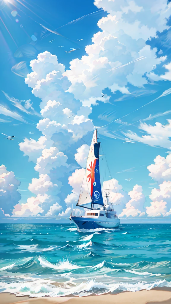 surreal scene, ,blue sky background, ocean, Sunlight, red submarine , HD 8K,high quality picture, details
