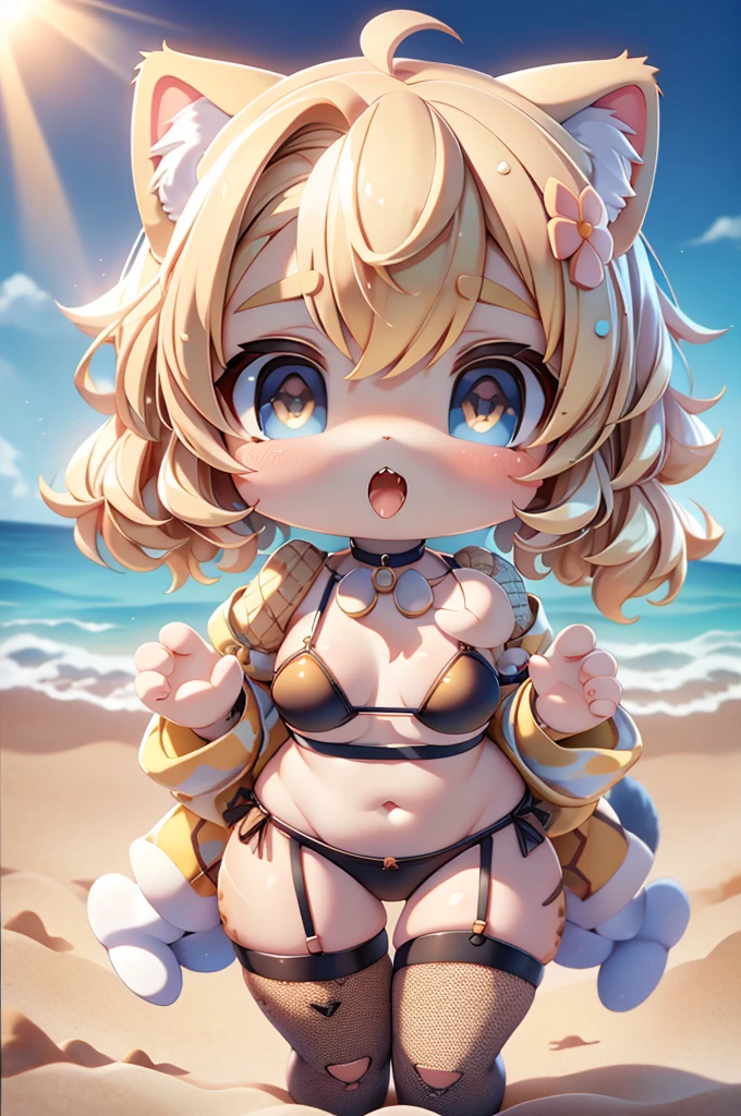 High quality、plastican00d、Bright atmosphere、Realistic Light、Spotlight from above、pretty girl、、bikini、Fishnet tights、Blonde Hair、garter belt、Two-headed appearance、Doll、Chibi、plastic、Very Short Hair、Cumulonimbus、Summer sunshine、Beach、full body, chibi,Cat mouth、A glimpse of a double tooth、Leopard print、