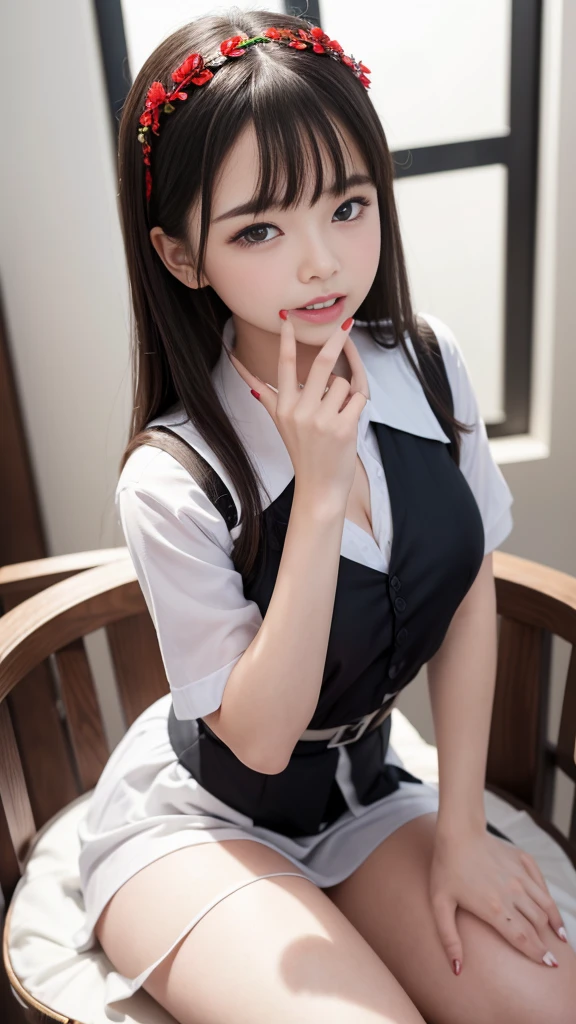 (8K, Highest quality, masterpiece:1.2, RAW Photos), One girl, ( girl, Idol, beautiful girl, Baby Face:1n Dentition:1.5), night, (dark), Clear background indoors, Beautiful Bangs, nice, (Clothing and uniforms:1.3), (Attractive breasts:1.4, Cleavage), ((奇妙なdark部屋:1.3)), (Mouth closed:1.2, Beautiful Eyes, Fine grain, Detailed Iris, Beautiful Lips, Beautiful Nose, Beautiful Face), (primary color:1.5), (Beautifully glowing eyes:1.3), (Detailed eyes and face:1.3, Professional photography techniques), (Detailed hands:1.2), (Gaze at the viewer, blush:1.2), (Red nails:1.2)