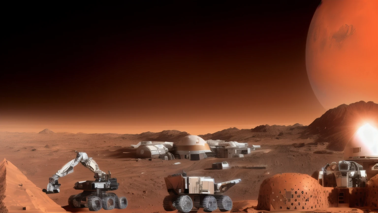 Mars base construction,On the surface of Mars,There is a transport vehicle,There's a mechanical car with a claw that's building the pyramids,There are alien buildings,Keep original details,Realism,8K。