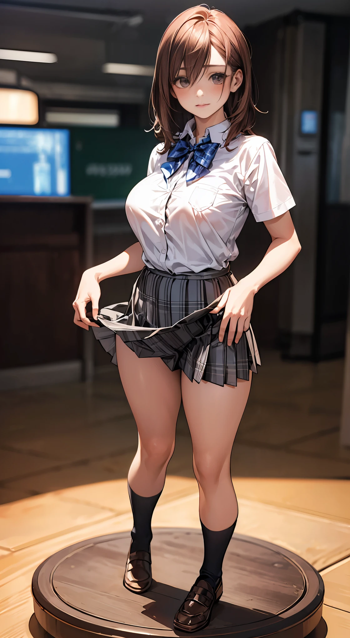 (anime background), a women, ((emphasizes the shape of breast)), (blush), open legs, raise leg, open mouth, (detail panties are visible), long skirt, (climbing and straddling to push her moist crotch on the bag), ((ecstasy face)), slut, ((masturbate)), large mall, ceiling, place where many people, (dropping eyes),