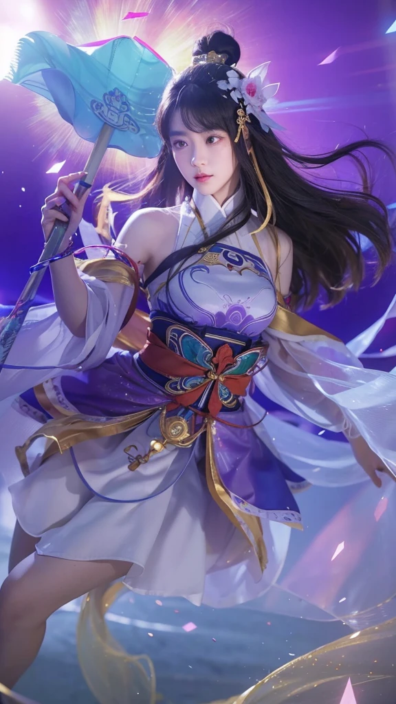 A handsome Chinese boy and girl competition, full body, combat posture, sharp eyes, clear facial features, wearing Hanfu, runes around, holographic reality, holographic halo, motion blur, game light effects, edge light, soft light, movie edge light, delicate light