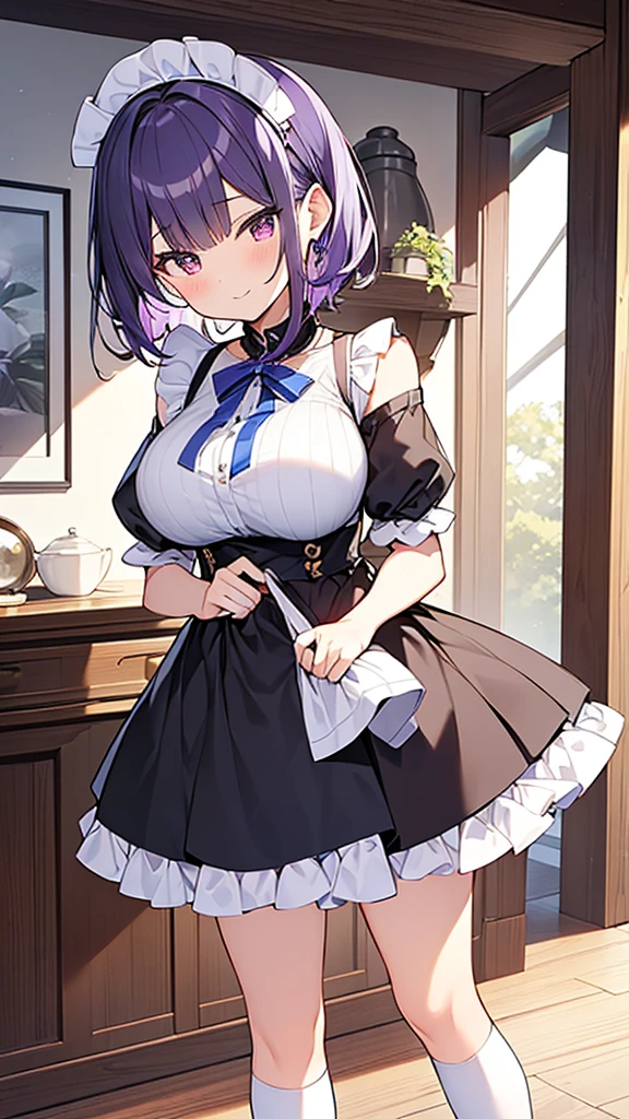 最high quality, high quality, Super detailed, 32k, Ultra-detailed details, Sister and maid, {{メイドのサキュバスは妹の顔になってる}}, (Standing, pretty girl, beautiful purple hair, short hair, Beautiful RED eyes, mature, Big Breasts, A light smile, Off-the-shoulder sleeveless Summer かわいい メイド服, Summer casual maid clothes, Short skirt, Blue and white color striped underwear, Black knee socks, loafers, She's holding 大きく up her skirt with both hands to show her underwear, 18-year-old,cute), A maid who moves her body vigorously without caring if her breasts bounce, Super detailed, indoor, Full body image, ((Head to Toe:1.3)), NSFW