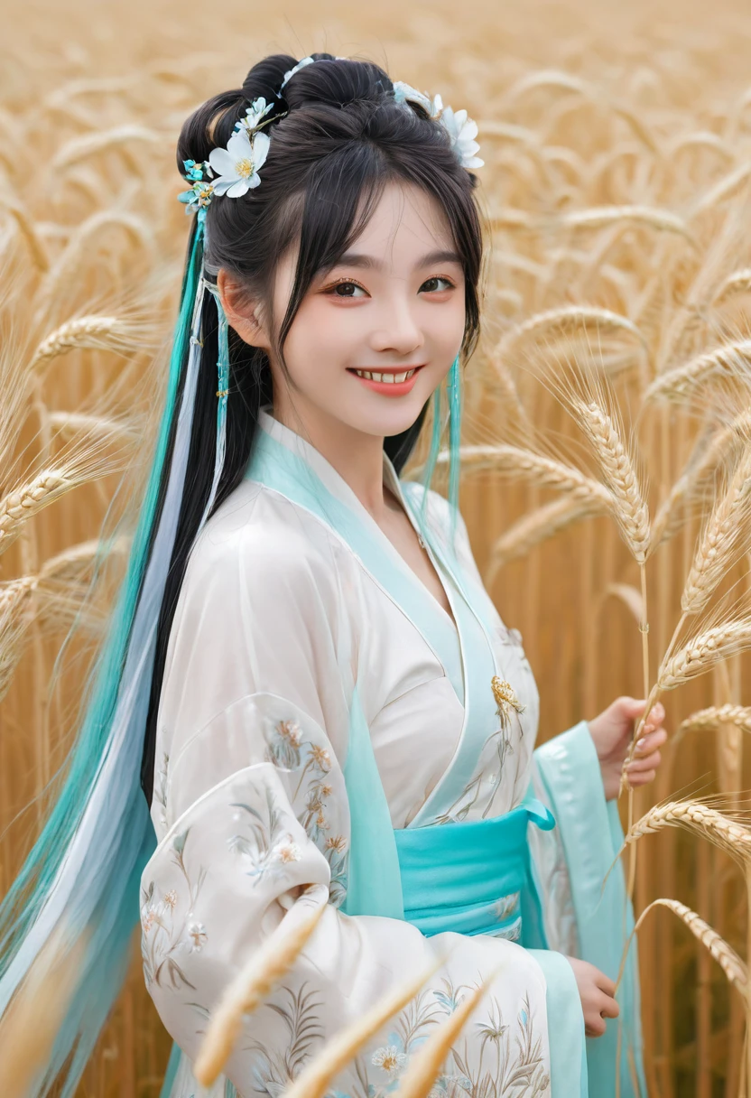 masterpiece, best quality, ultra highres, detailed illustration, portrait, detailed, 1girl standing in wheat field, solo, long hair, dress, flower, white hanfu, smile, full body, white flower, bare shoulders, very long hair, aqua hair, closed mouth, facing viewer, bangs,