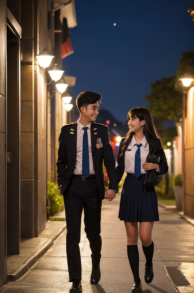 A student couple in uniform walking at night in the night view