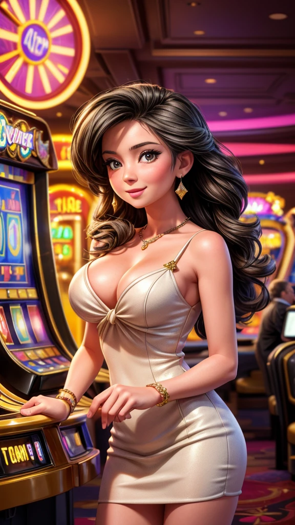 beautiful detailed girl playing slot machines at a luxurious casino in Las Vegas, elegant dress, joyful expression, casino interior with bright lights and rich decor, photorealistic, 8k, masterpiece, (best quality:1.2),(realistic:1.37),ultra-detailed, vivid colors, dramatic lighting, cinematic composition