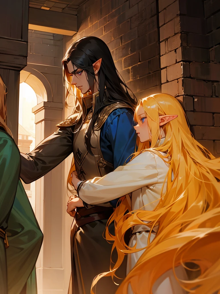 Male elf, noble, he has long wavy golden hair, blue eyes, and fair skin. Being harassed by soldiers in a dark alley. The soldier is tall and strong, with black hair, red eyes, and handsome.