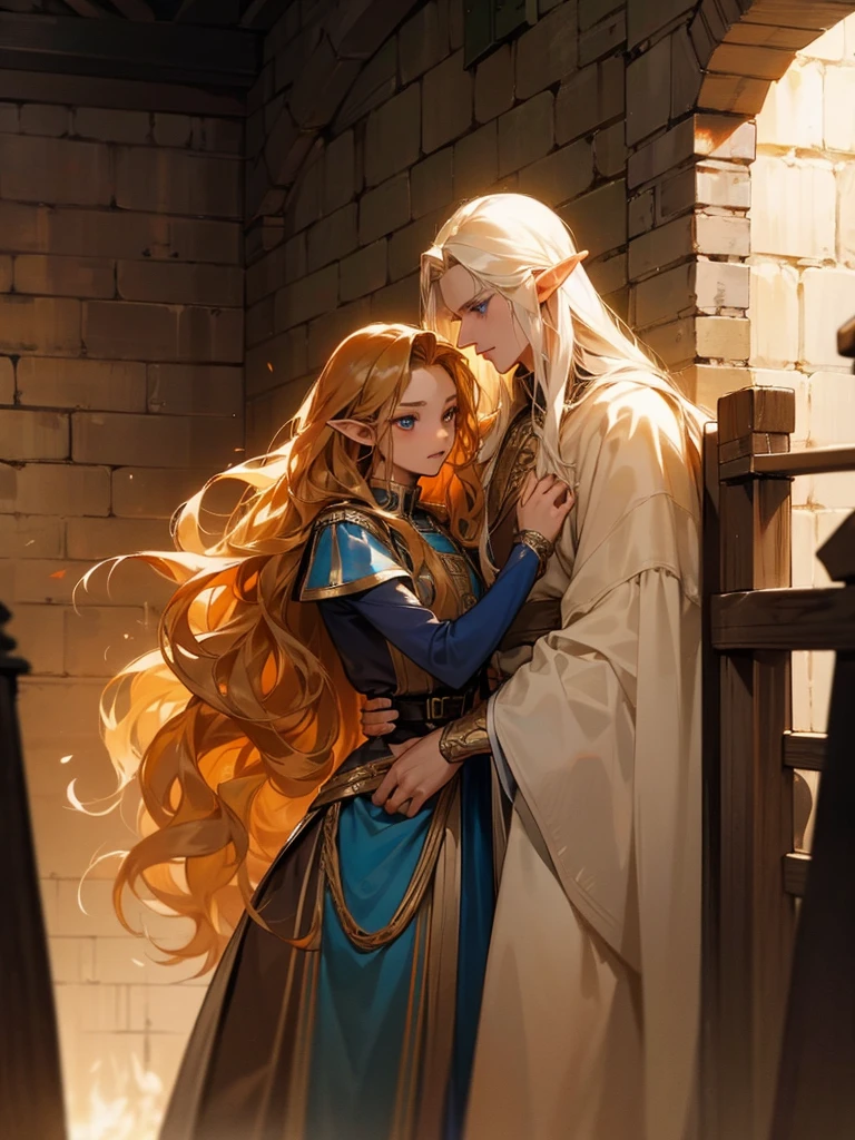 Male elf, noble, he has long wavy golden hair, blue eyes, and fair skin. Being harassed by soldiers in a dark alley. The soldier is tall and strong, with black hair, red eyes, and handsome.
