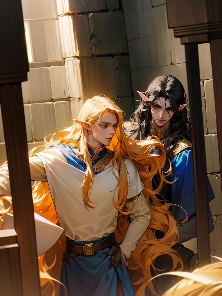 Male elf, noble, he has long wavy golden hair, blue eyes, and fair skin. Being harassed by soldiers in a dark alley. The soldier is tall and strong, with black hair, red eyes, and handsome.