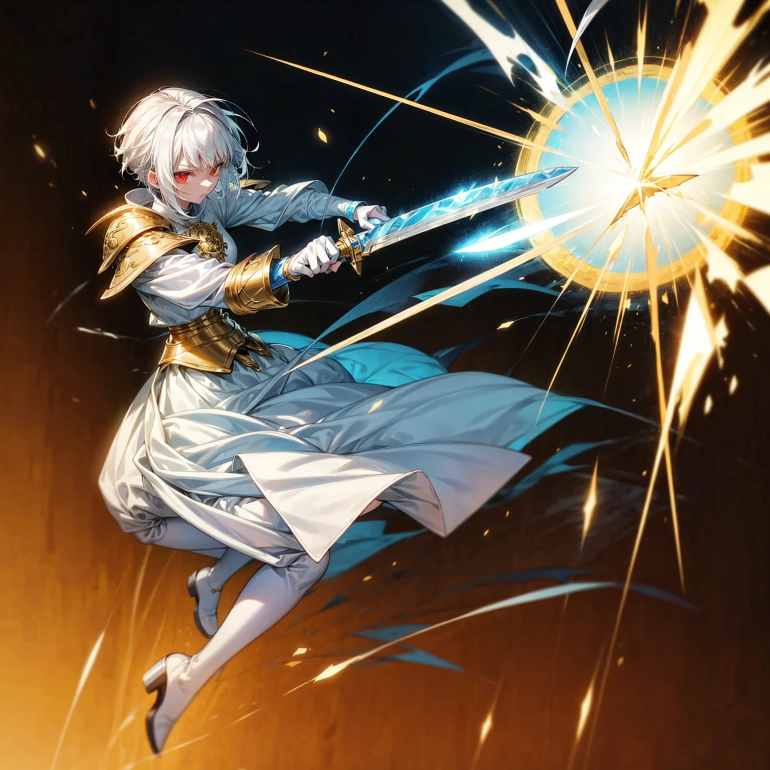 1girl, Full body version, 1character, light red eyes color, white skin, short hairstyle, white colour hair, templar knight style clothing, Long skirt, long socks, long boots, robes, (gold knife in hand), gold Shield in hand, full background, Grassroots background in village, motion blur, shadow, battle gesture, smoke effect, blue lighting effect, lighting blue knife, girl aura, plasma effect, Lightning, lightning flashes on the knife, blue lightning, full gold armor, armor, big hologram, (one piece style art)