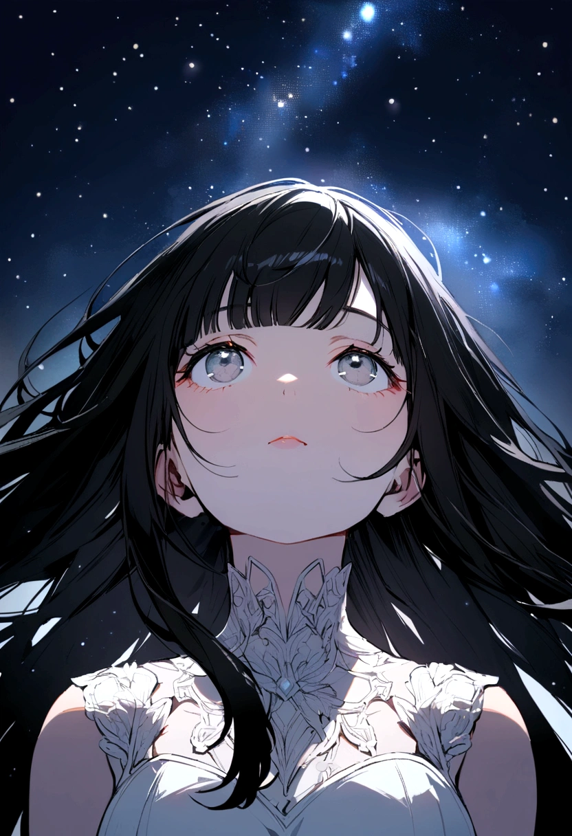 girl with long black hair with even and straight bangs, gray eyes, wearing a white dress, looking up at the starry sky