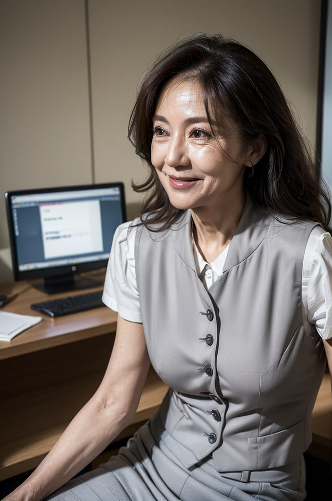 (masterpiece:1.4),(60-year-old woman:1.5),(Facial wrinkles : 1.2), (facing away : 1.3), cheerful smile, long curly hair, maternal, Mature Woman, upper body shoot, sitting, office worker, (polyester fabric : 1.3), (polyester grey vest with button), grey pencil skirt, white short sleeve shirt, working at office, detailed backgrounds