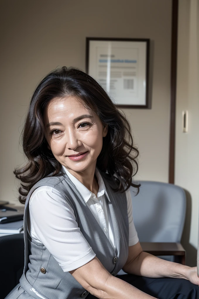 (masterpiece:1.4),(60-year-old woman:1.5),(Facial wrinkles : 1.2), (facing away : 1.3), cheerful smile, long curly hair, maternal, Mature Woman, upper body shoot, sitting, office worker, (polyester fabric : 1.3), (polyester grey vest with button), grey pencil skirt, white short sleeve shirt, working at office, detailed backgrounds