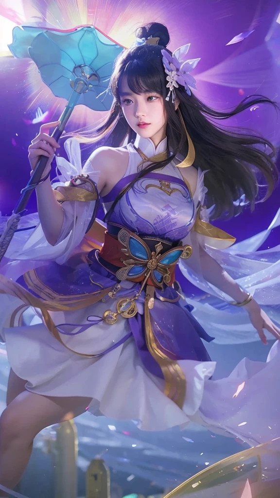A handsome Chinese boy and girl competition, full body, combat posture, sharp eyes, clear facial features, wearing Hanfu, runes around, holographic reality, holographic halo, motion blur, game light effects, edge light, soft light, movie edge light, delicate light