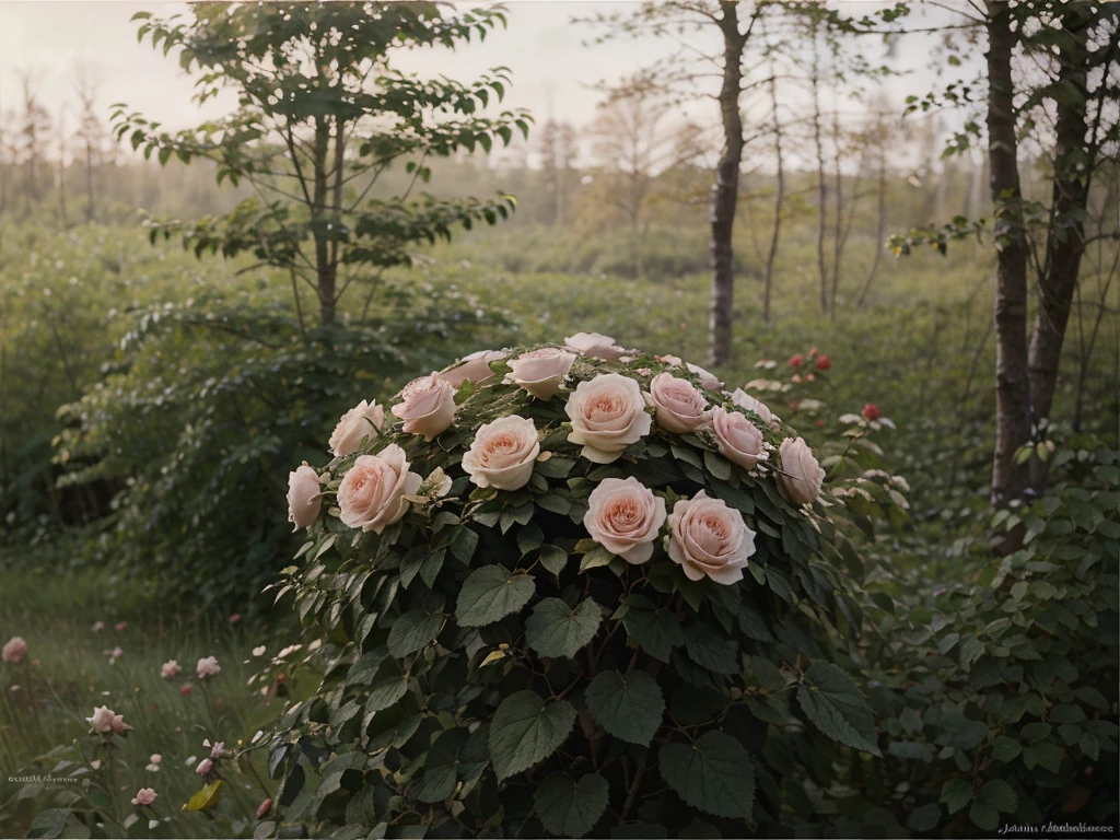 Close up of wild roses bushes in the forest, oil painting, ethereal, dreamy, soft pastel colors, by John Bauer
