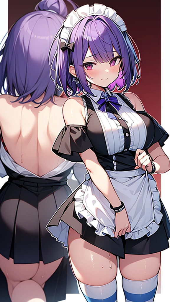 最high quality, high quality, Super detailed, 32k, Ultra-detailed details, waitress(only, Standing, pretty girl, beautiful purple hair, short hair, Beautiful RED eyes, mature, Big Breasts, A light smile, Off-the-shoulder sleeveless Summer メイド服, Summer casual maid clothes, Short skirt, Blue and white color striped underwear, Black knee socks, loafers, My crotch is wet with love juice, 18-year-old,cute), {{A succubus disguised as a waitress approached the target man&#39;s sister, peeled off the skin of the sister&#39;s face, and stuck it on her own face, becoming the waitress succubus&#39;s face., The hem of her skirt is lifted high, exposing her underwear}}, She has transformed from a shy maid into a lewd one., A maid with her sister&#39;s face stuck on her face is vigorously pistoning her body, A maid who moves her body vigorously without caring if her breasts bounce, Super detailed, indoor, Full body image, ((Head to Toe:1.3)), NSFW