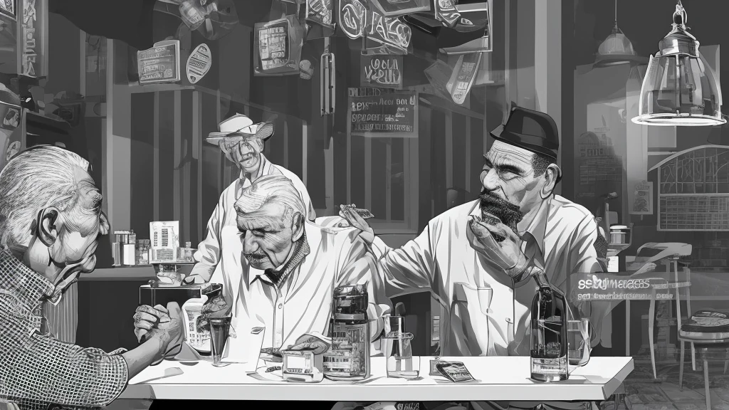 a young man with slicked-back black hair buying cigarettes from an older gentleman at a warung, detailed illustration, intricate linework, black and white with a touch of color