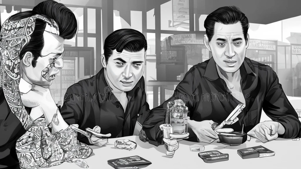 a young man with slicked-back black hair buying cigarettes from an older gentleman at a warung, detailed illustration, intricate linework, black and white with a touch of color