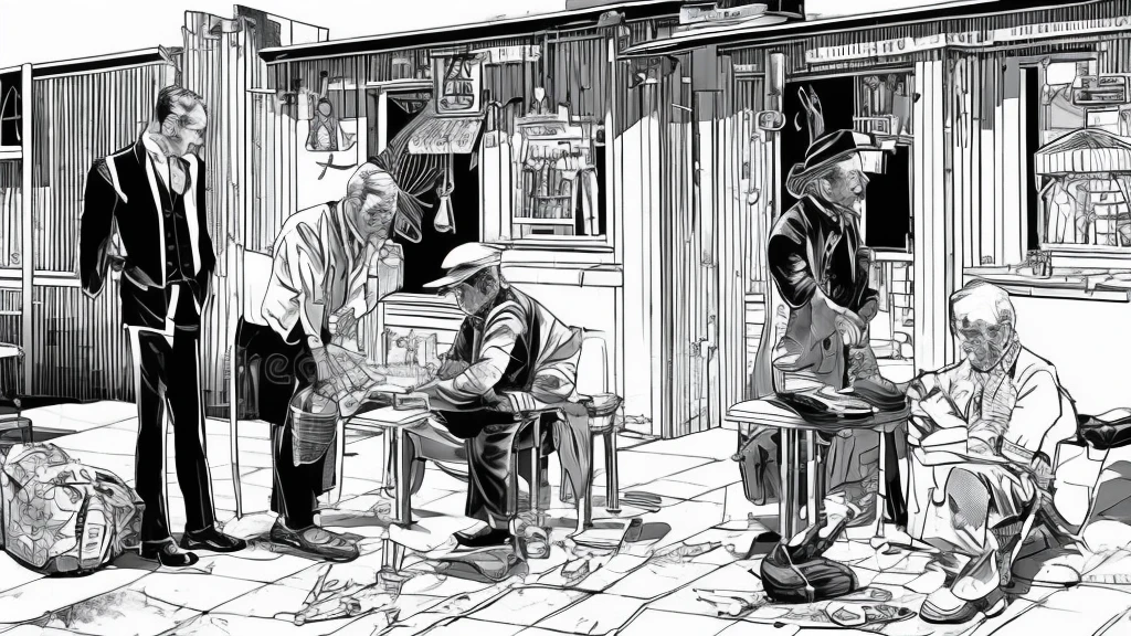 a young man with slicked-back black hair buying cigarettes from an older gentleman at a warung, detailed illustration, intricate linework, black and white with a touch of color