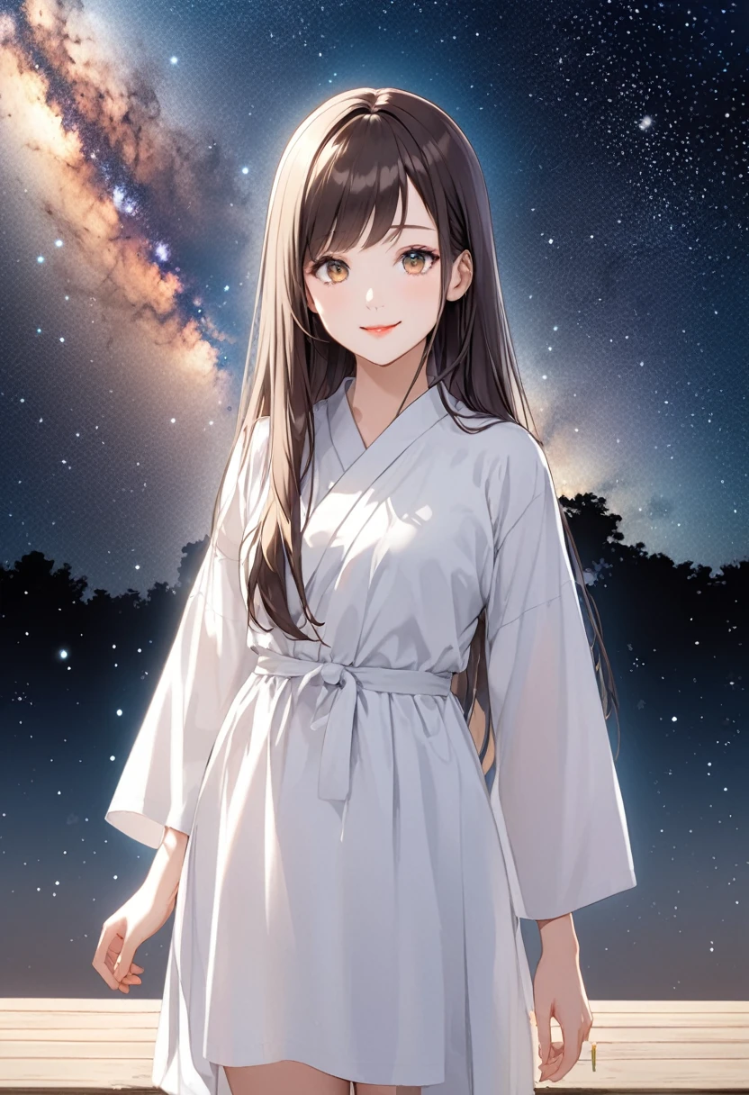 A full-body illustration of a beautiful slender woman with straight hair in brown and gray ash color, about 22 years old, plump red sexy lips, smiling. She is a Forex trader. On the day of Tanabata, she disguises herself as Orihime and smiles with the milky way in the background (milky way, Starry Sky, FX Chart) (Shimmering, Shining Clothes, Shining Eyes) There is a shining illustration like Pixiv.