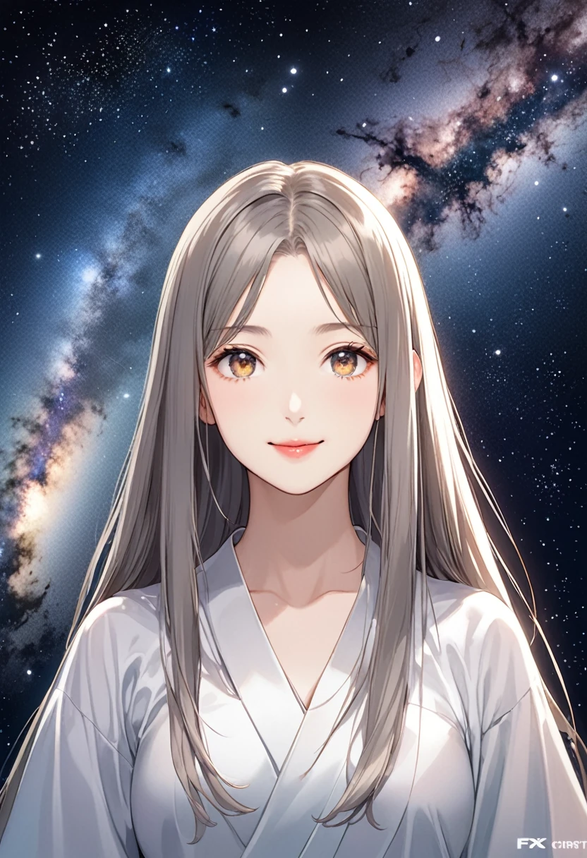 A full-body illustration of a beautiful slender woman with straight hair in brown and gray ash color, about 22 years old, plump red sexy lips, smiling. She is a Forex trader. On the day of Tanabata, she disguises herself as Orihime and smiles with the milky way in the background (milky way, Starry Sky, FX Chart) (Shimmering, Shining Clothes, Shining Eyes) There is a shining illustration like Pixiv.
