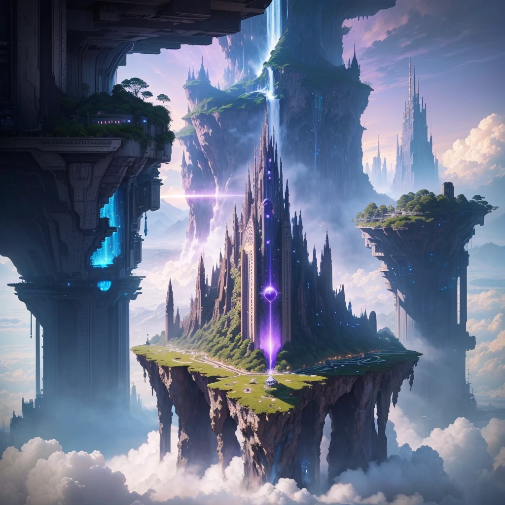 A huge fantastical sci-fi city, aether city, floating aerial metropolis,Skyscrapers、Huge construction,Super huge waterfall,mysterious,Fantasy, towering skyscrapers, massive waterfall, celestial planets in the sky, surrounded by clouds, cosmic architecture, violet energy scars around, central massive castle, astral sky