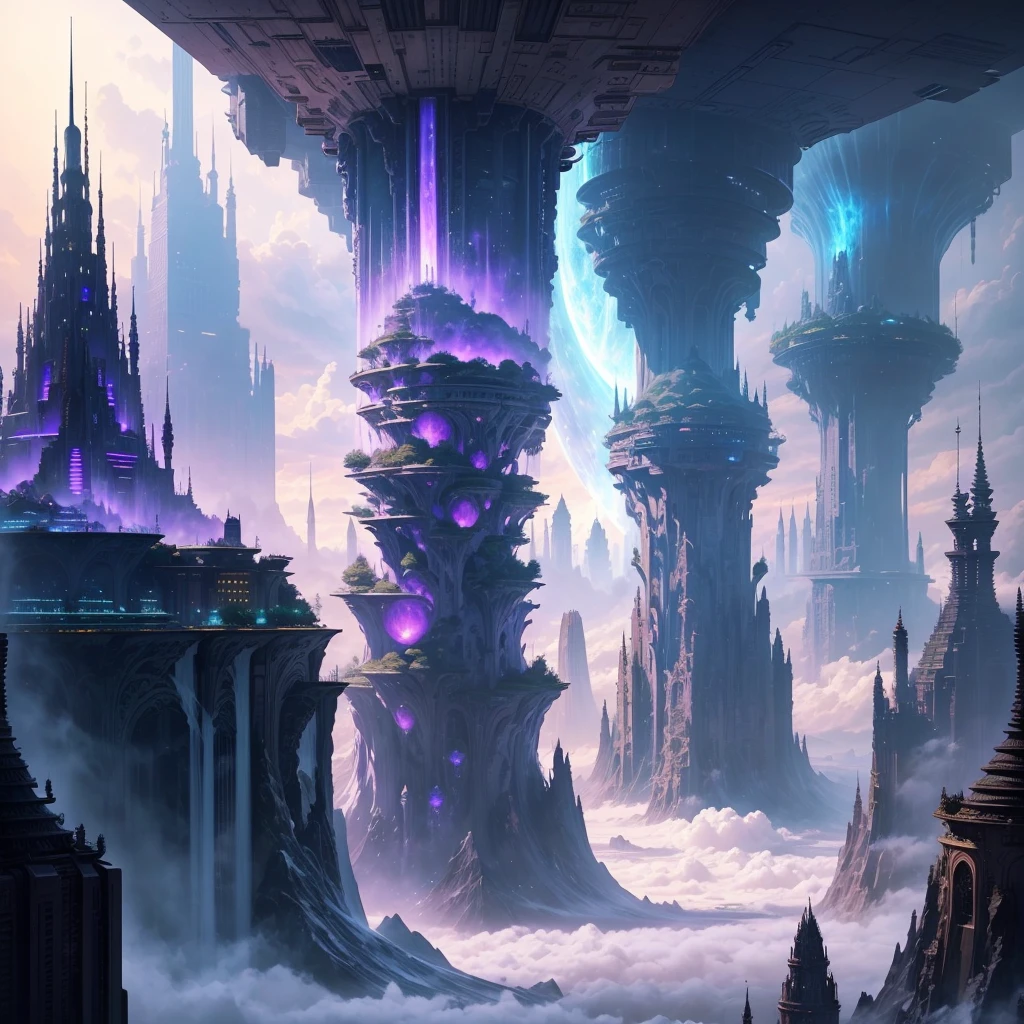 A huge fantastical sci-fi city, aether city, floating aerial metropolis,Skyscrapers、Huge construction，Super huge waterfall，mysterious，Fantasy， towering skyscrapers, massive waterfall, celestial planets in the sky, surrounded by clouds, cosmic architecture, violet energy scars around, central massive castle, astral sky