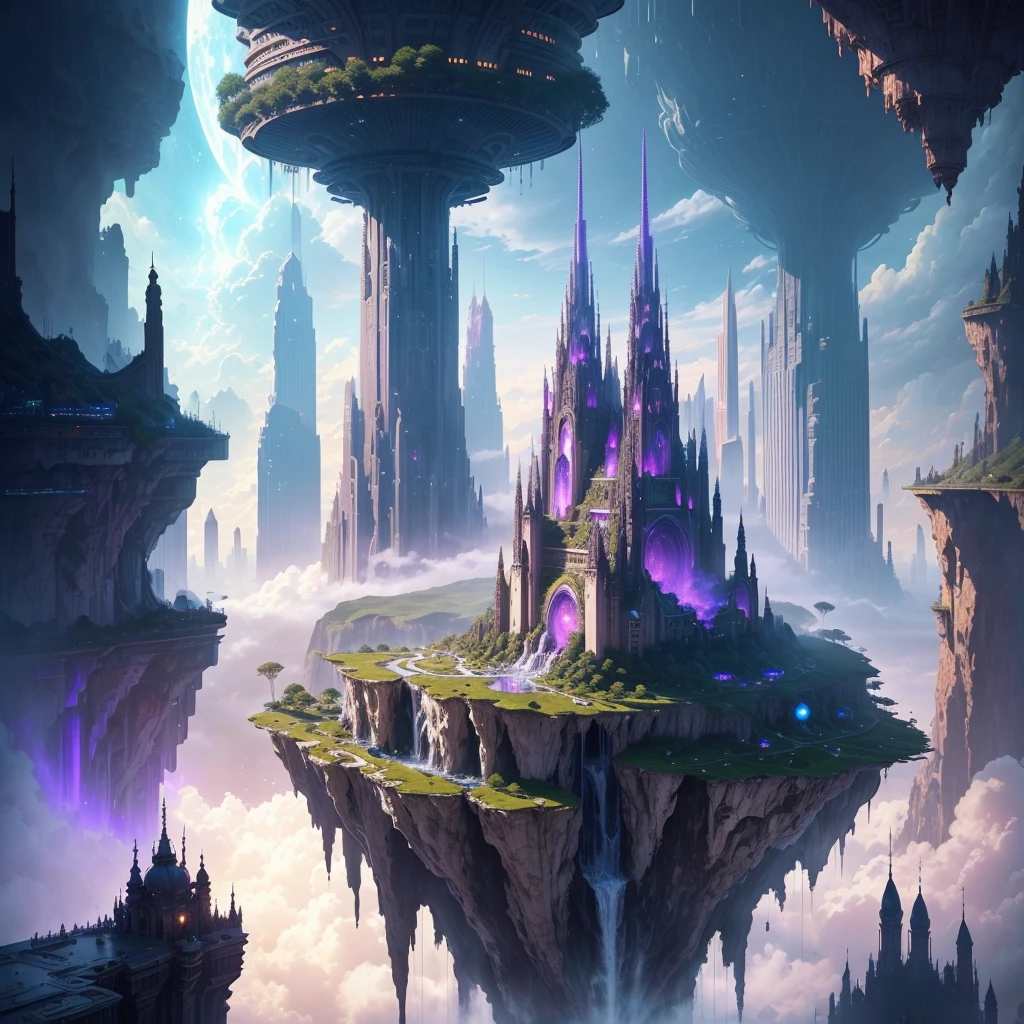 A huge fantastical sci-fi city, aether city, floating aerial metropolis,Skyscrapers、Huge construction，Super huge waterfall，mysterious，Fantasy， towering skyscrapers, massive waterfall, celestial planets in the sky, surrounded by clouds, cosmic architecture, violet energy scars around, central massive castle, astral sky