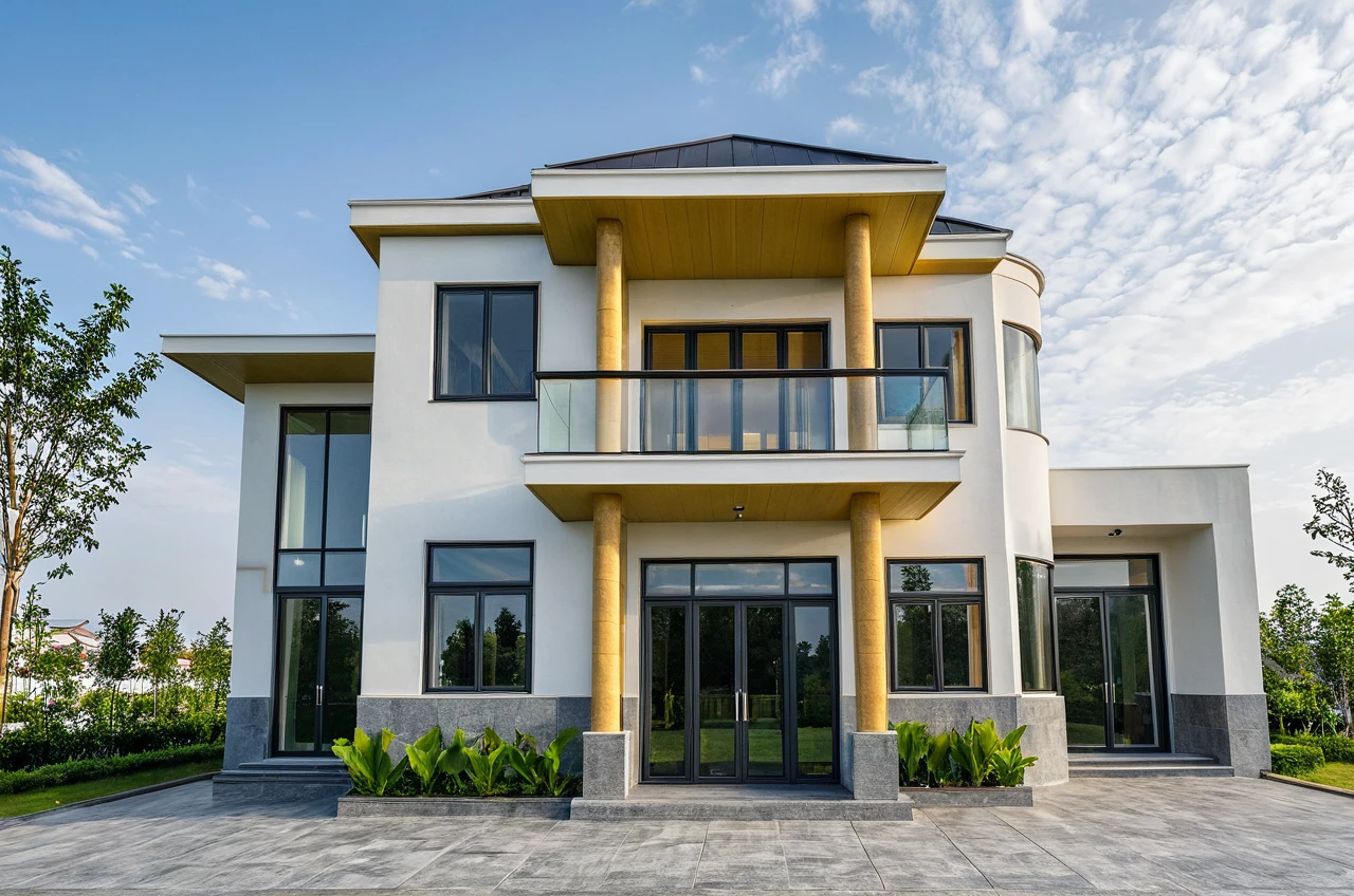 Masterpiece, high quality, best quality, authentic, super detail, outdoors, onestoreyvillaXL, aiaigroup, house style modern on the street ,road,pavement, grass, trees, sky, cloud, (daylight:1.1), light yellow walls, wooden ceilings, marble columns, black grey xingfa aluminum frame glass doors,