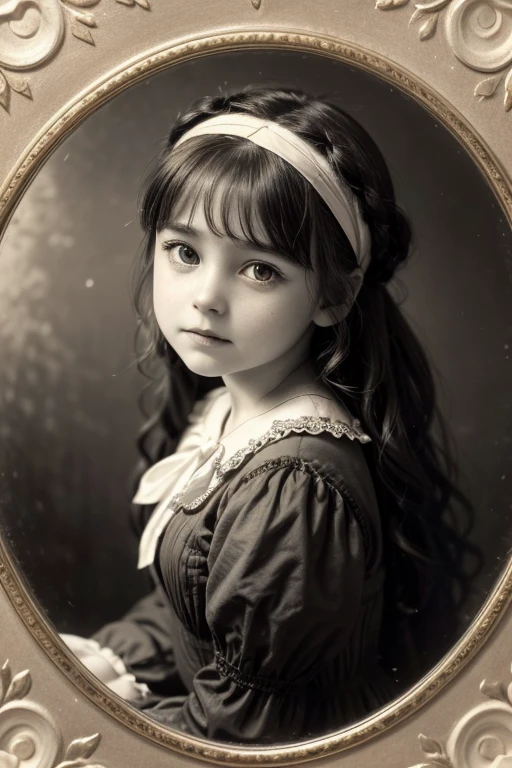 A painted watercolour portrait of a little beautiful girl, dark wavy hair, a ribbon on the head, a lace white dress, holding a bouquet of blue roses, an old postcard, luminous shades, blurred background, Watercolor, trending on artstation, sharp focus, studio photo, intricate details, highly detailed, by greg rutkowski