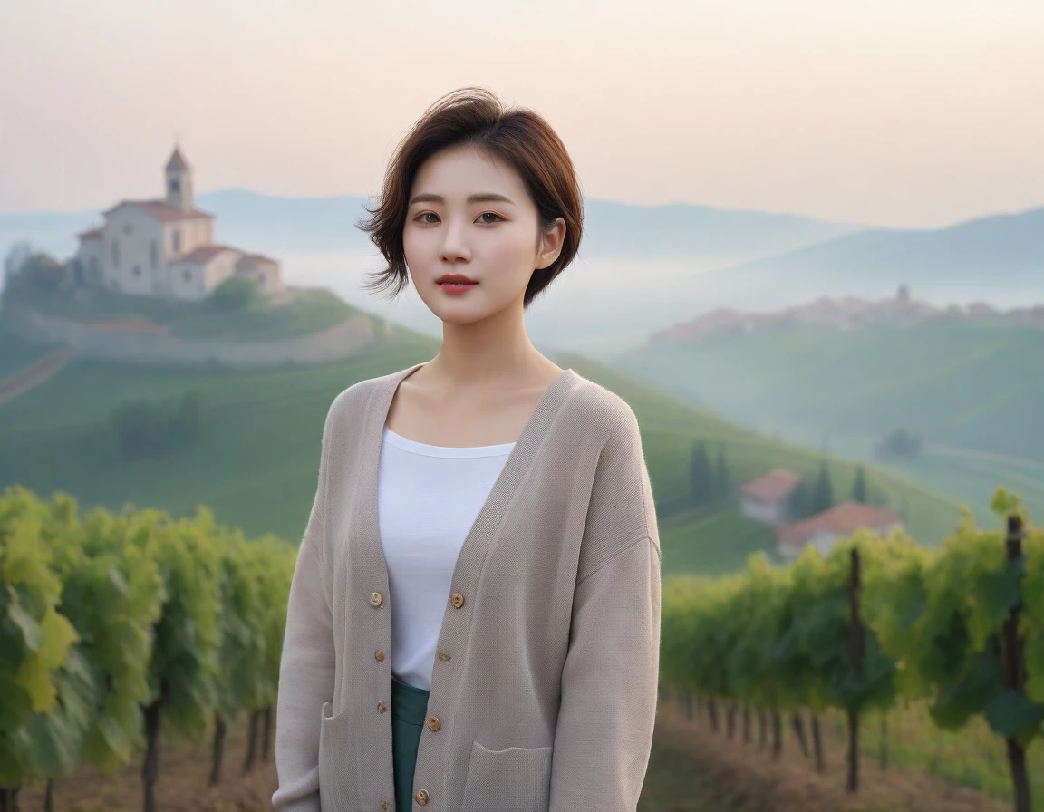 k Best picture quality, Beautiful 36-year-old Korean woman, short and nice weather. Chest size 34 inches, Dense fog at dawn in the Italian countryside, past the vineyard, The cathedral can be seen in the fog on a hill in the distance., The back background is realistic and vivid image quality, Short and medium hair blowing in the wind, Wear comfortable travel clothes, Casual pants and cardigan., a faint smile. the background is clear, Short and slim Korean woman, stand far away, Photo taken with a wide-angle lens